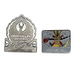 Lot of 2 Skiing Lapel Pins Pinback Buttons Deer Valley Resort Utah Skier Silver